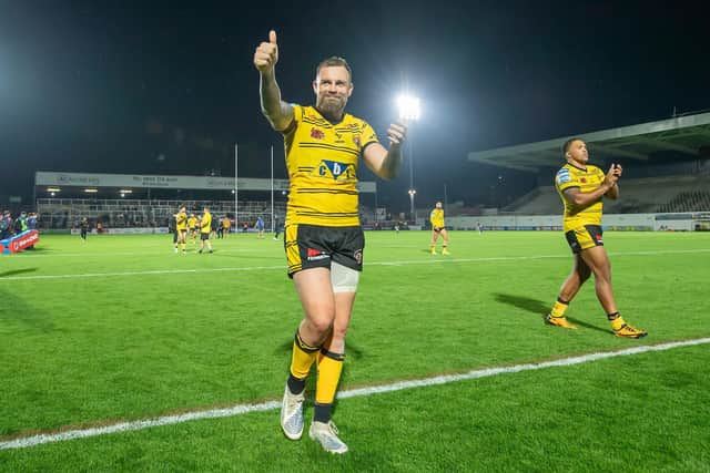 Blake Austin thanks the fans after his debut against Wakefield. (Photo: Allan McKenzie/SWpix.com)