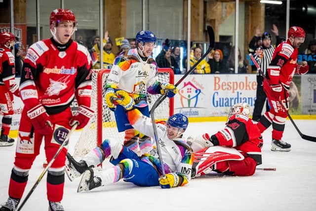 BUSY TIMES: Sam Dunn and Kieran Brown celebrate scoring in the 6-3 home win over leaders Swindon Wildcats on Friday - the first of six games in nine days. Picture: Ben Gordon/Knights Media.