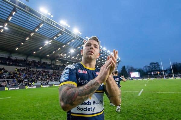 Richie Myler thanks Rhinos' fans after a win against Huddersfield Giants at Headingley in April. Picture by Allan McKenzie/SWpix.com.