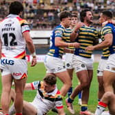 James Bentley, centre of picture, celebrates during Warrington Wolves' win at Bradford Bulls last week. Picture by Alex Whitehead/SWpix.com.