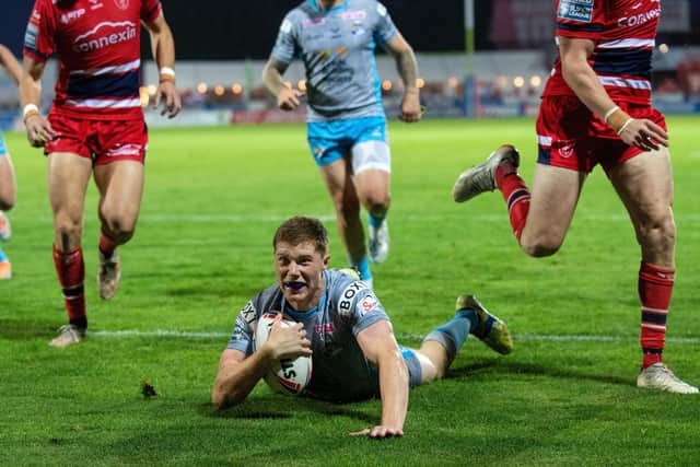 Morgan Gannon, seen scoring at Hull KR, is one of Leeming's travelling partners. Picture by Bruce Rollinson.