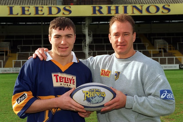Rhinos paid a record fee of around £350,000 to sign Iestyn Harris, pictured with coach Dean Bell, in April, 1997. He set several points and goals records and captained Leeds to a Wembley win in 1999 before leaving for Welsh rugby union after four years in blue and amber.
