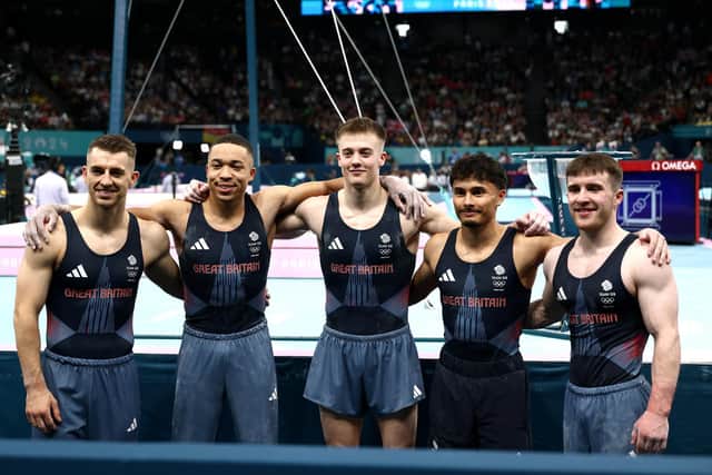 COMING THROUGH: Max Whitlock, Joe Fraser, Luke Whitehouse, Jake Jarman and Harry Hepworth at the Bercy Arena Picture: Naomi Baker/Getty Images