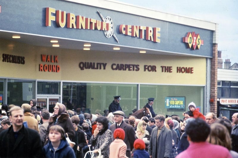 The DFS Furniture Centre on Queen Street was opened in March 1968 by Pat Phoenix, who played Elsie Tanner in Coronation Street, hence the large crowd which turned out to witness the opening. Several mounted police were brought in to help control the crowd but the event went off with a good humoured nature and there was no trouble