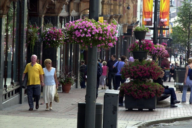Flowers in full blossom during Briggate in Bloom, in Leeds city centre, pictured on August 18, 2001.
