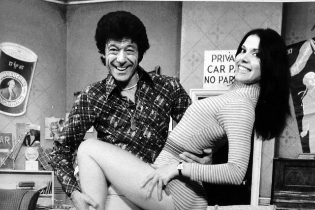 September 1977 and Lionel Blair gives dancing tips to Lindsay Adams on the stage of the Leeds Grand Theatre, where he was starring in Doctor in the House.