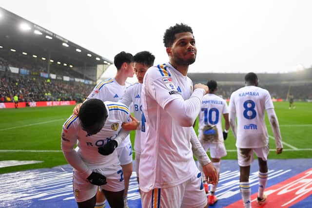 'GETS IT': Leeds United star Georginio Rutter, centre, pictured with a Leeds salute after putting the Whites 2-0 up in Saturday's Championship victory against Plymouth Argyle at Home Park. Photo by Harry Trump/Getty Images.