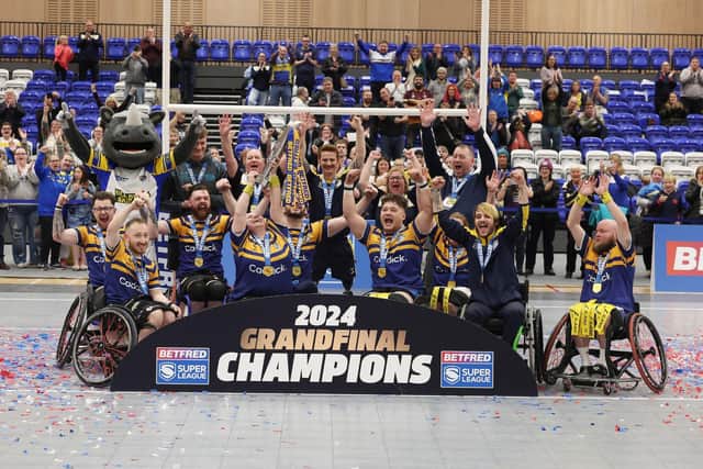 Leeds Rhinos players celebrate after beating Halifax Panthers in the Wheelchair Super League Grand Final. Picture by John Clifton/SWpix.com.