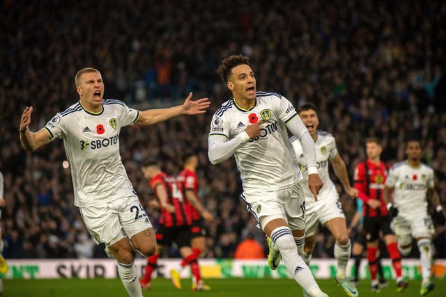 Rodrigo celebrates firing Leeds United ahead from the penalty spot.