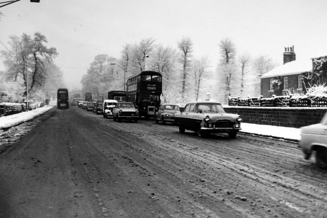 A snowy Otley Road in January 1960.