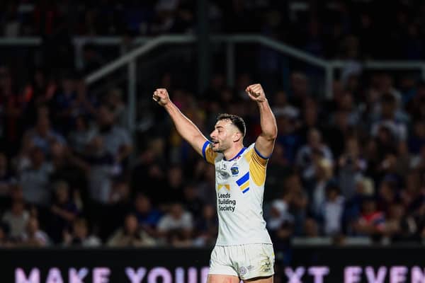 Jake Connor celebrates Leeds Rhinos' win at Wakefield Trinity last month. Picture by Alex Whitehead/SWpix.com.