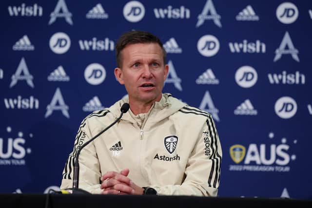 PERTH, AUSTRALIA - JULY 22:  Jesse Marsch, coach of Leeds United speaks at a press conference after the Pre-Season friendly match between Leeds United and Crystal Palace at Optus Stadium on July 22, 2022 in Perth, Australia. (Photo by Will Russell/Getty Images)