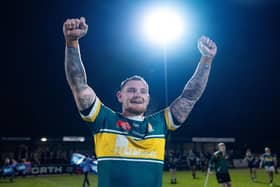 Josh Jordan-Roberts, seen celebrating promotion with Hunslet RLFC two years ago, is part of Hunslet ARLFC's Grand Final squad. Picture by Olly Hassell/SWpix.com.