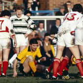 Referee Fred Lindop in the thick of the action during the 1981 JP Trophy final between Hull and Hull KR in front of a 25,245 crowd at Headingley. Picture by Andrew Varley/Varley Picture Agency.