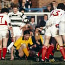 Referee Fred Lindop in the thick of the action during the 1981 JP Trophy final between Hull and Hull KR in front of a 25,245 crowd at Headingley. Picture by Andrew Varley/Varley Picture Agency.