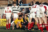 Referee Fred Lindop in the thick of the action during the 1981 JP Trophy final between Hull and Hull KR in front of a 25,245 crowd at Headingley. Picture by Andrew Varley/Varley Picture Agency.