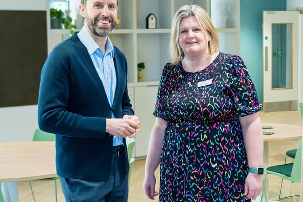 Martin House ambassador Gareth Southgate and chief executive Clair Holdsworth in the new children's wing.