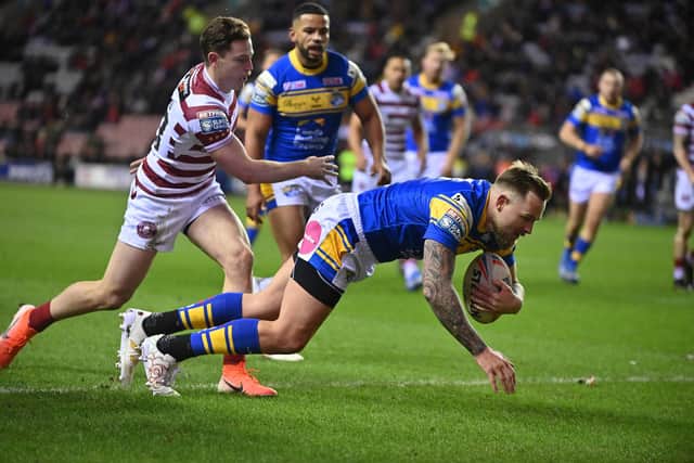 Blake Austin made his debut for Rhinos at Wigan in February, scoring their opening try in a 34-12 defeat. Picture by Bruce Rollinson.