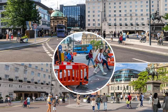Leeds City Council has issued new 'visuals', showing what Leeds City Square could look when the work is completed and, inset, how it currently looks with roadworks in place.