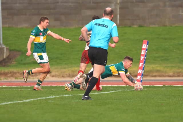 Jude Ferreira scores for Hunslet against Keighley Cougars. Picture by John Victor.