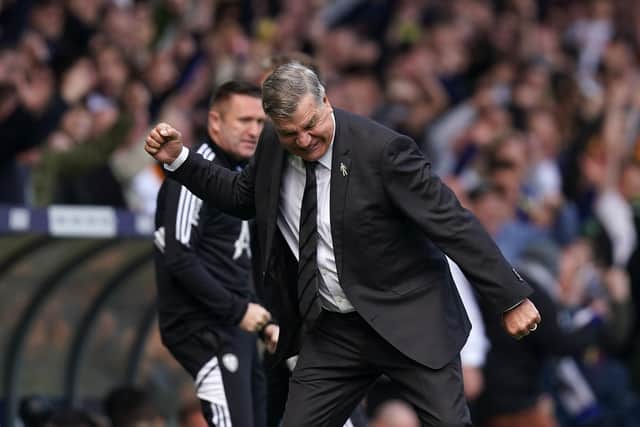 Leeds United manager Sam Allardyce celebrates during a Premier League match at Elland Road (Pic: Mike Egerton/PA Wire)
