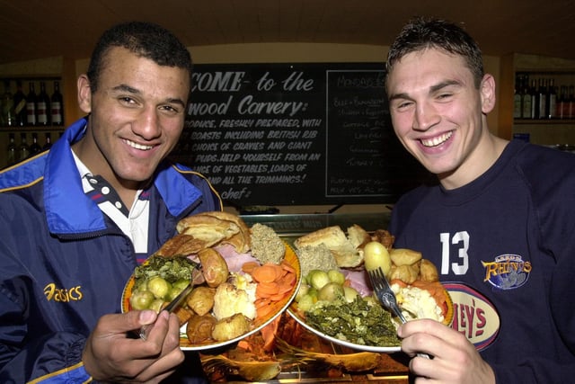 Tucking in... Rhinos stars Mark Calderwood and Kevin Sinfield visited The Elmwood carvery in March 2002.