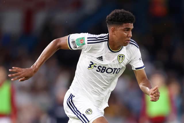 LEEDS, ENGLAND - AUGUST 24: Cody Drameh of Leeds United runs with the ball during the Carabao Cup Second Round match between Leeds United and Barnsley at Elland Road on August 24, 2022 in Leeds, England. (Photo by George Wood/Getty Images)