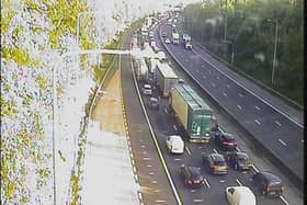Miles of traffic built up on the M62 westbound following a crash on Monday morning