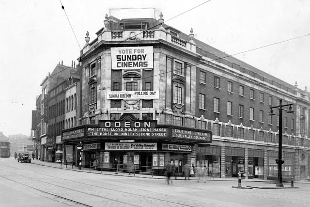 A photo of the Odeon cinema at the corner of The Headrow and New Briggate in March  1946. 'The House on 92nd Street' was showing and there was a campaign to vote for Sunday Cinemas, with a poll date of March 19.