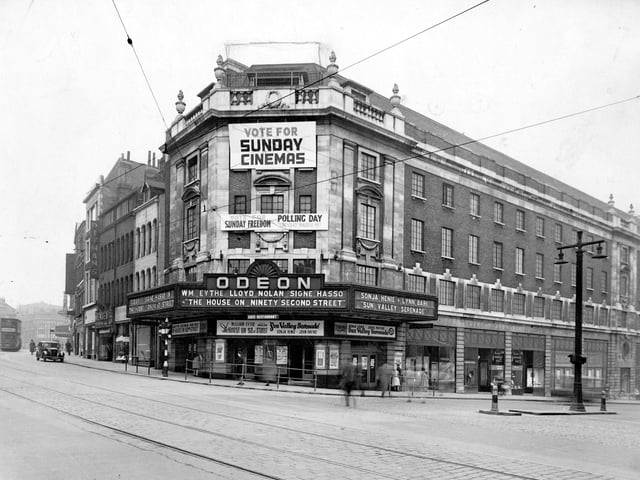 A photo of the Odeon cinema at the corner of The Headrow and New Briggate in March 1946. 'The House on 92nd Street' was showing and there was a campaign to vote for Sunday Cinemas, with a poll date of March 19.