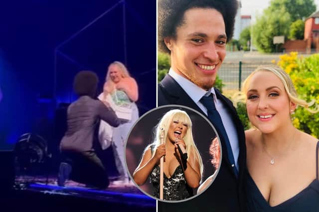 Guy Black, who proposed to his girlfriend Danielle Dove, in front of thousands at Christina Aguilera concert, inset.