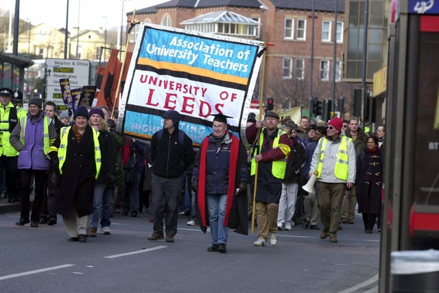 Protesting lecturers and students on a march through Leeds city centre on February 25, 2004.