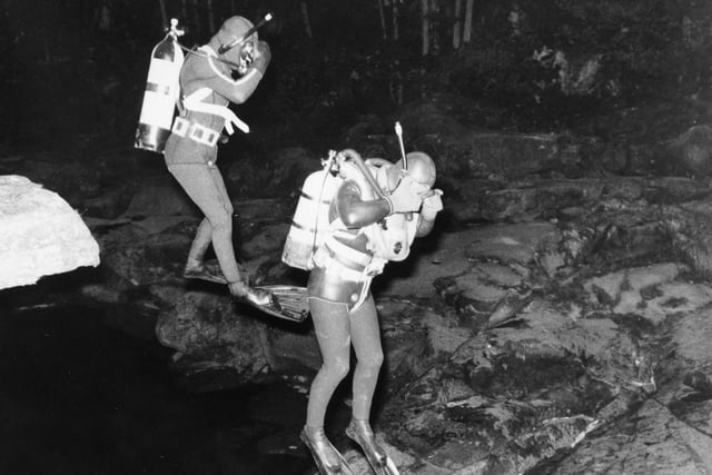 Alvin Chislett and Peter Baldwin go for their early morning dip at the Strid in September 1975..
