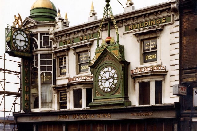 The grade II listed Time Ball Buildings on Briggate pictured in November 1979. The gilded time ball mechanism was synchronised with Greenwich and dropped at exactly 1pm daily.