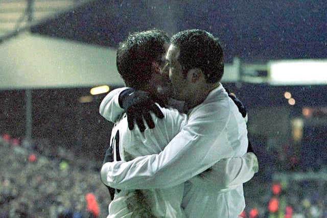 Aussies in arms. Harry Kewell and Mark Viduka celebrate together at Elland Road after netting against Grasshoppers in the UEFA Cup Third Round. (Picture Credit: Mark Thompson/ALLSPORT)