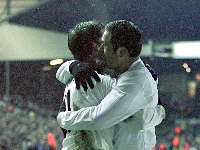 Aussies in arms. Harry Kewell and Mark Viduka celebrate together at Elland Road after netting against Grasshoppers in the UEFA Cup Third Round. (Picture Credit: Mark Thompson/ALLSPORT)