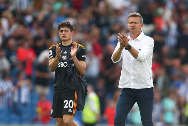BRIGHTON, ENGLAND - AUGUST 27: Leeds manager Jesse Marsch and Dan James thank the traveling supporters during the Premier League match between Brighton & Hove Albion and Leeds United at American Express Community Stadium on August 27, 2022 in Brighton, England. (Photo by Charlie Crowhurst/Getty Images)
