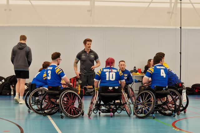 Coach James Simpson talks to his Leeds Rhinos players before their Wheelchair Challenge Cup quarter-final agianst Hereford at York. Picture by Peter Smith.