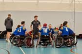 Coach James Simpson talks to his Leeds Rhinos players before their Wheelchair Challenge Cup quarter-final agianst Hereford at York. Picture by Peter Smith.