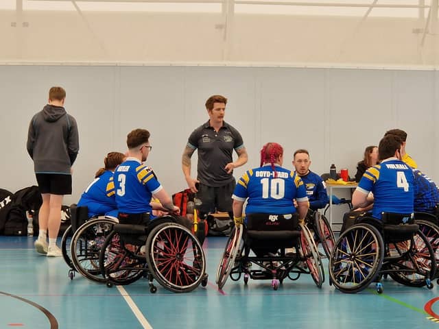Coach James Simpson talks to his Leeds Rhinos players before their Wheelchair Challenge Cup quarter-final agianst Hereford at York. Picture by Peter Smith.