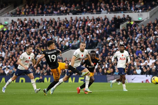 DISAPPOINTMENT: For Leeds United and record signing Rodrigo despite the Whites netting three times at Tottenham Hotspur including with his clinical volley, above, which put Jesse Marsch's side 2-1 up. Photo by Paul Harding/Getty Images.