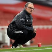 Leeds United's Argentinian head coach Marcelo Bielsa watches during the English Premier League football match between Arsenal and Leeds United at the Emirates Stadium in London on February 14, 2021.