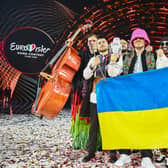 Kalush Orchestra with their trophy and Ukraine's flags after winning on behalf of Ukraine at the Eurovision Song Contest 2022. Picture: Marco Bertorello/AFP via Getty Images