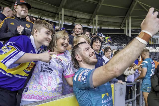 Cameron Smith takes selfies with fans after victory over Hull FC. (Photo: Allan McKenzie/SWpix.com)