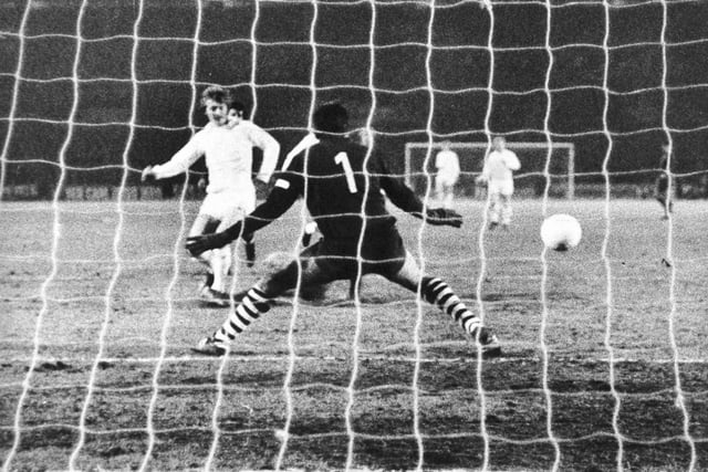 Match action from Leeds United's Cup Winners Cup third round first leg clash against Rapid Bucharest at Elland Road in March 1973.  Allan Clarke scores. Leeds won 5-0.
