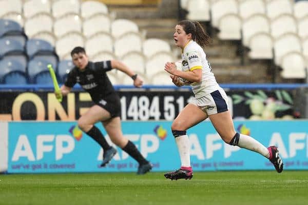 Izzy Northrop on the attack for Rhinos against her former club Huddersfield in April. Picture by John Clifton/SWpix.com.