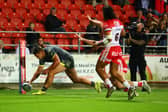 Ryan Hall scores during Leeds Rhinos' 34-6 win at St Helens. Picture by Paul Currie/SWpix.com.