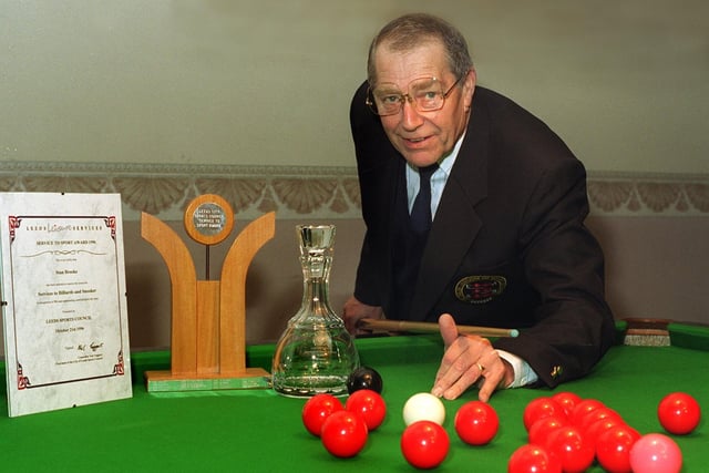 This is Stan Brooke who was presented with a Leeds Leisure Services award in recognition of his 50 years outstanding contribution to the sport of billiards and snooker.