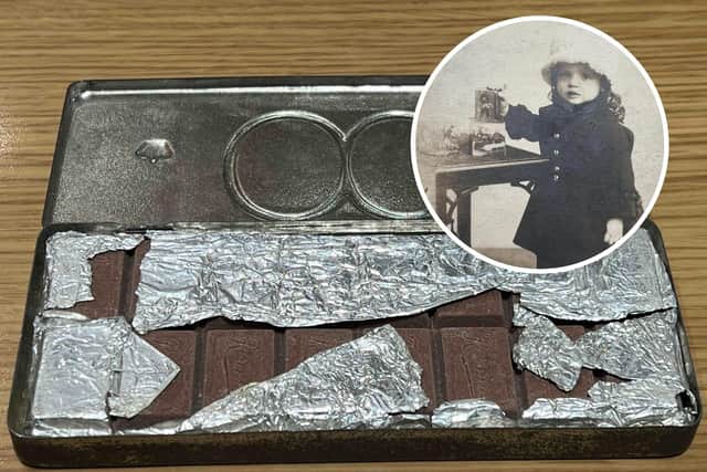 The bar of chocolate was kept safe by Vera Petchell after she was given it when she was eight-years-old. Photo: Hansons