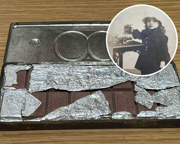 The bar of chocolate was kept safe by Vera Petchell after she was given it when she was eight-years-old. Photo: Hansons